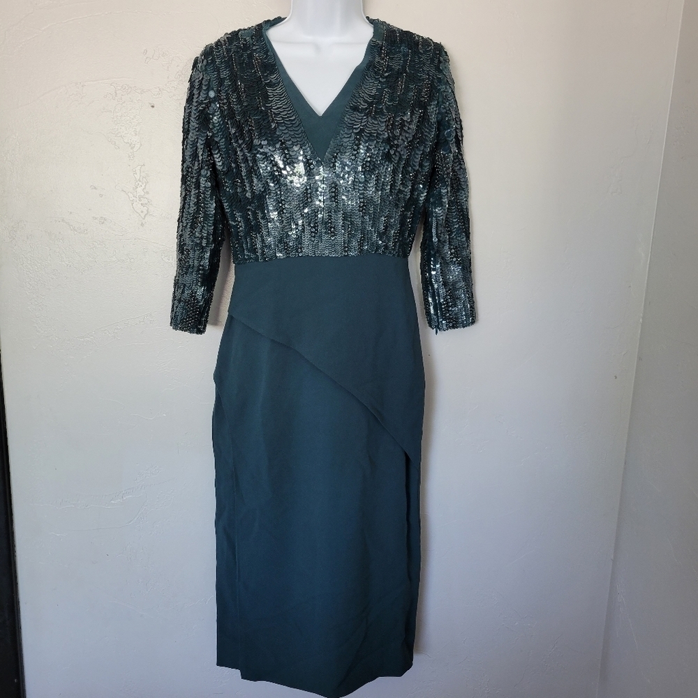 Elie Saab Emerald Green Midi Dress Formal Sequin Beaded V-neck Zipper Sleeve 8 M